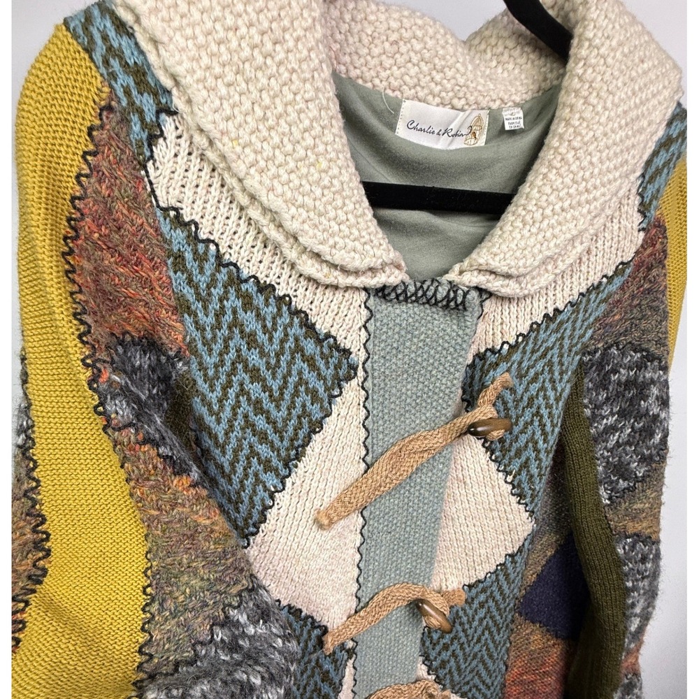 Charlie & Robin Anthropologie Patchwork Knit Toggle Cardigan Coat Hooded Large - Picture 2 of 4